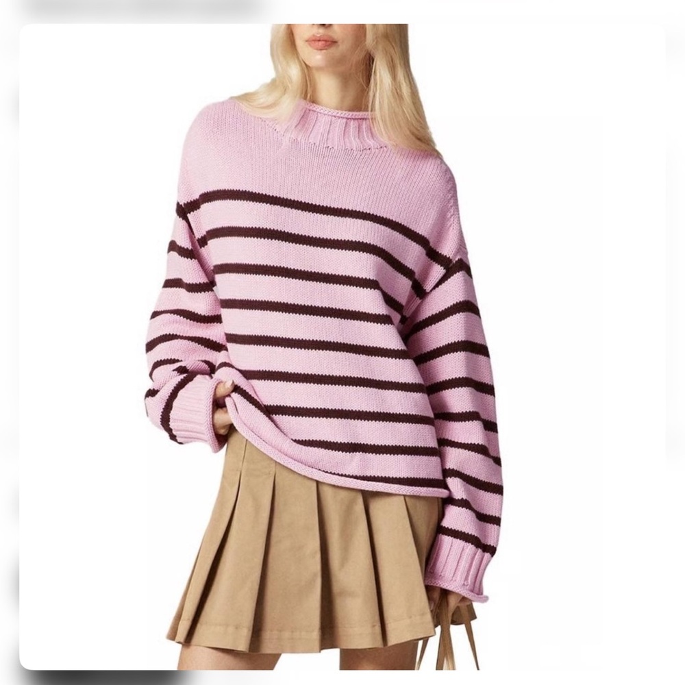 NWT J. Crew Women's Pink and Brown Striped Rollneck Sweater (2025)